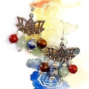 GEMSTONE Silvery EARRINGS, Aventurine, Tiger Eye, Red Jasper, Lepidolite